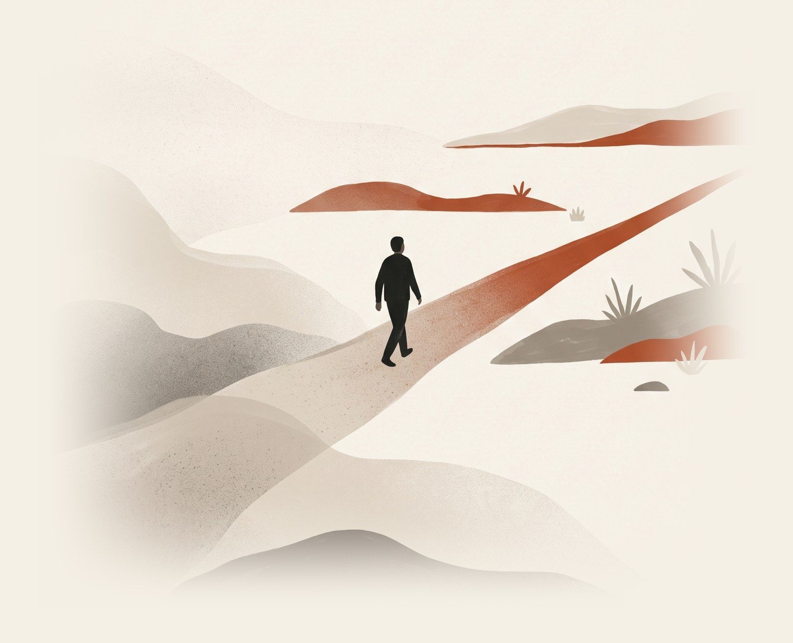 A person walking from a hazy landscape onto a clear terracotta path.
