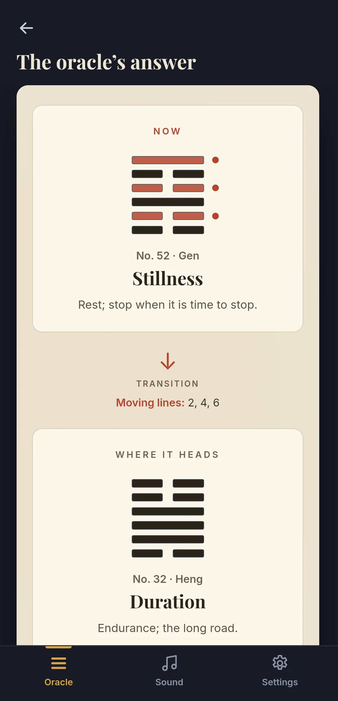 The Oracle app showing a reading: hexagram 52, Stillness, with three moving lines, heading to hexagram 32, Duration.