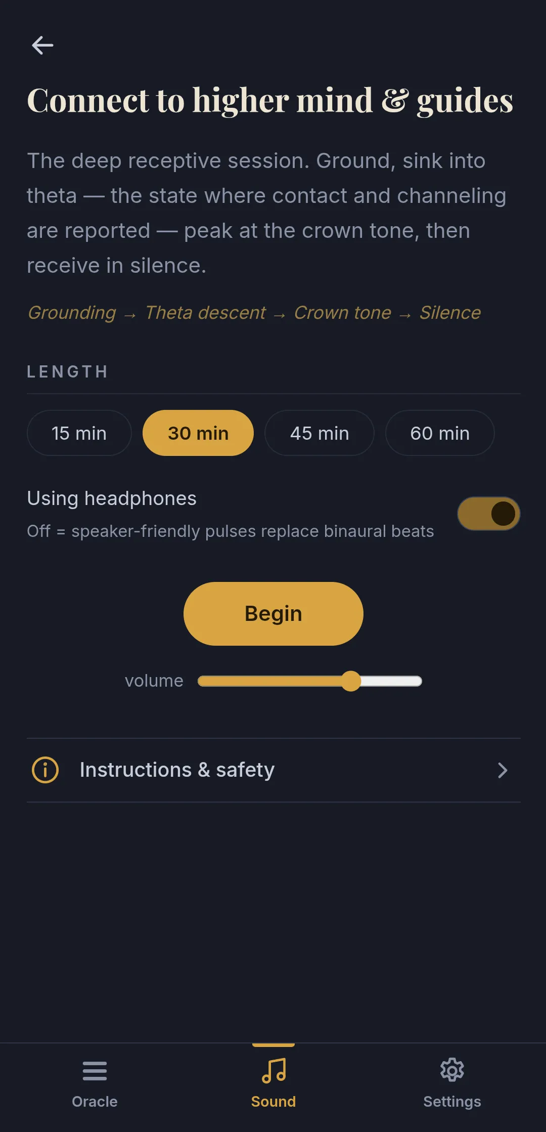 Setting up a sound session in the app: its stages, a length of 30 minutes, the headphones switch and a Begin button.